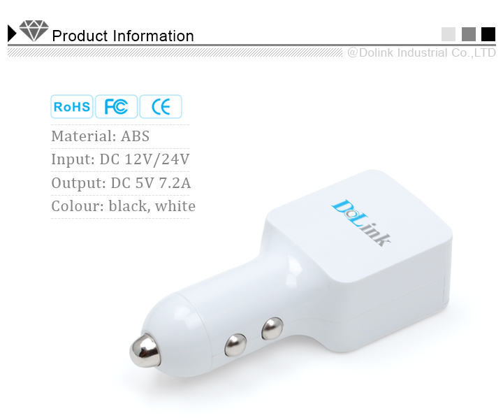 7.2A 3 Port USB Car Charger With Smart Sharing IC for each USB Port