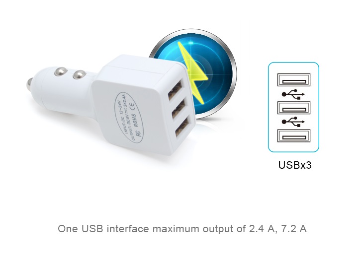 7.2A 3 Port USB Car Charger With Smart Sharing IC for each USB Port