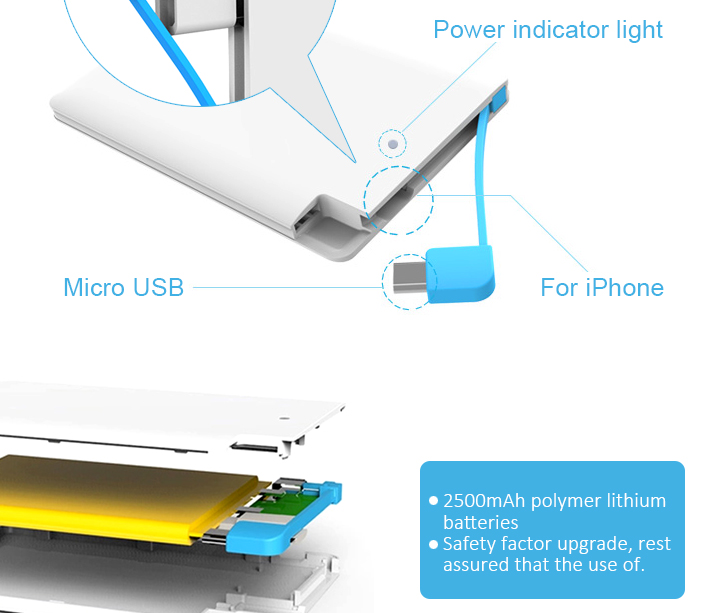 Slim Premium Fast-Charging Portable Charger 2500mAh External Battery Pack Power Bank with built-in Cable